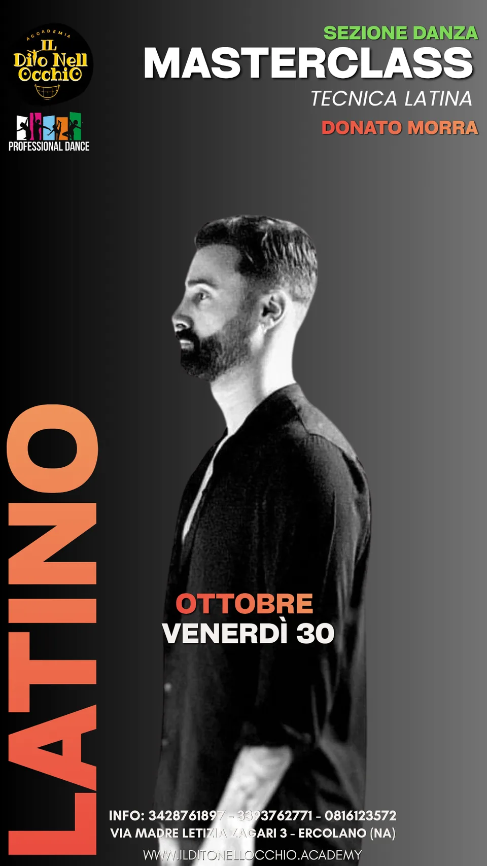 Locandina della masterclass di tecnica latina con Donato Morra, venerdì 30 ottobre 2026