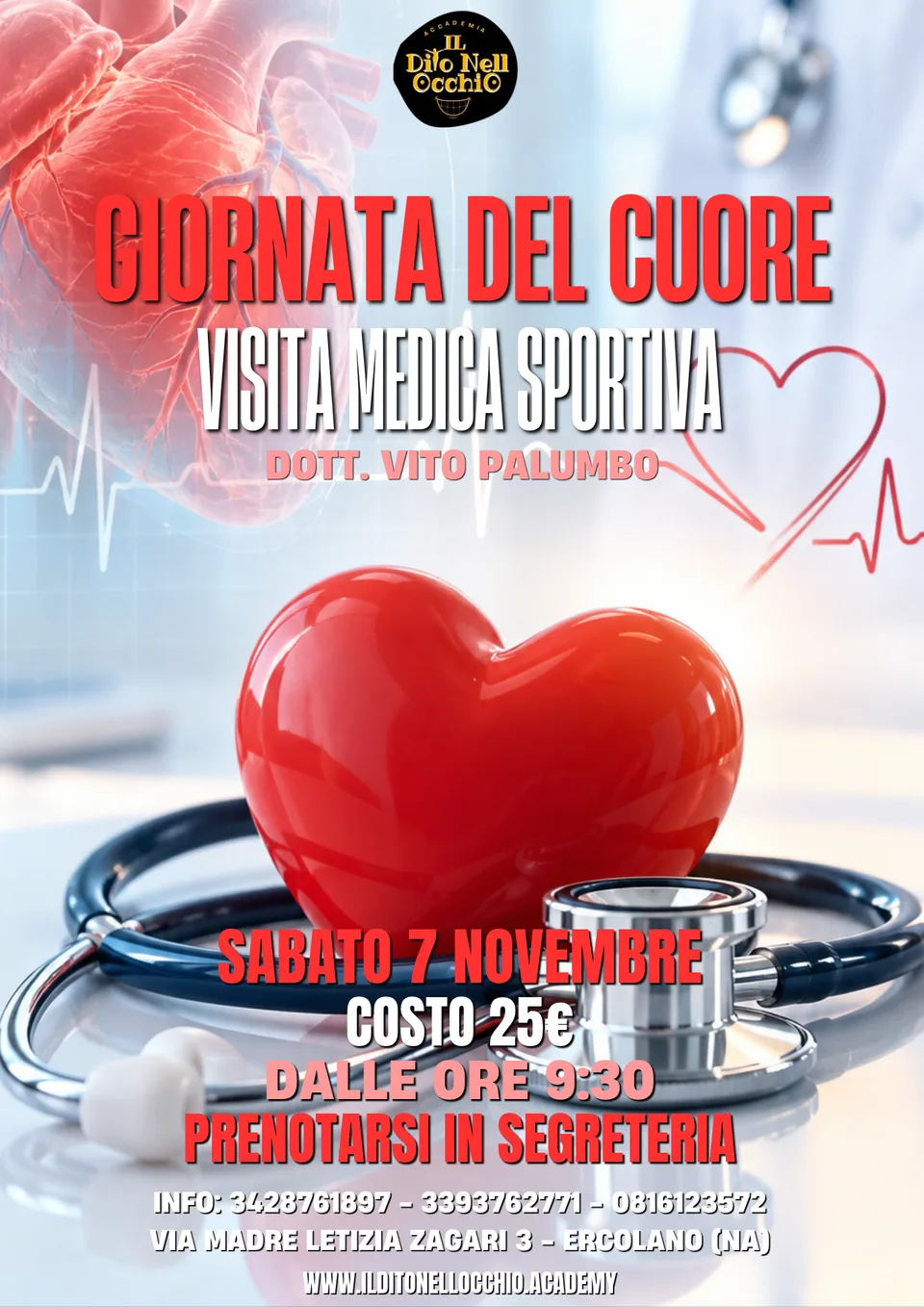 Locandina Giornata del cuore, visita medica sportiva con il dott. Vito Palumbo, sabato 7 novembre dalle 9:30
