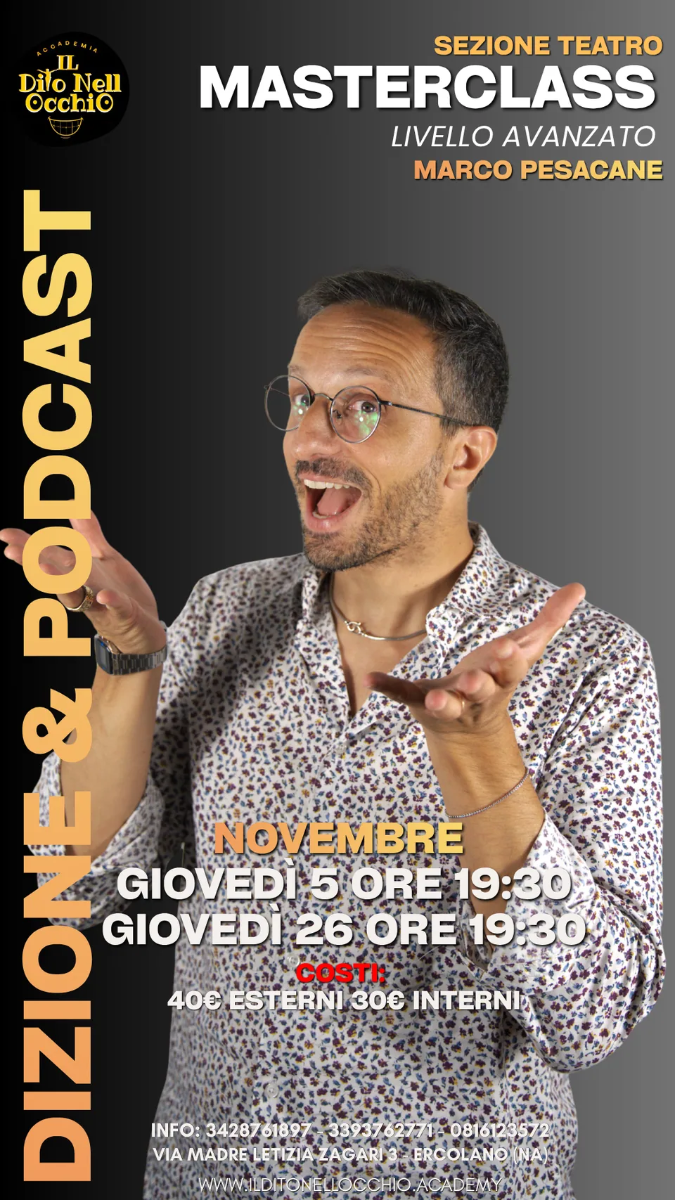 Locandina di Dizione & Podcast con Marco Pesacane, appuntamenti di novembre 2026